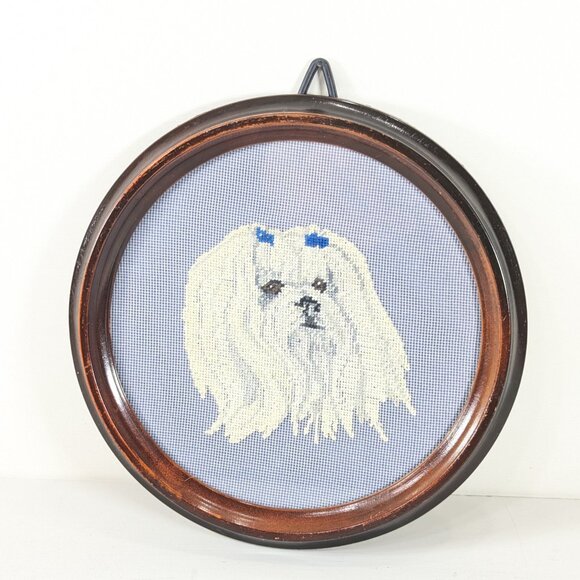 Finished and framed needlepoint / cross stitch art Maltese dog portrait - Picture 1 of 6